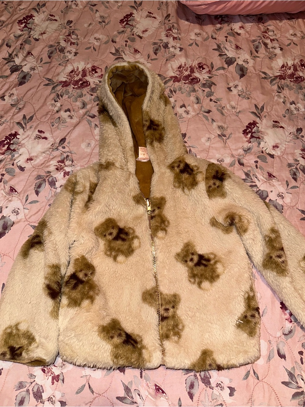 Kids Hooded Teddy Faux Fur Jacket - Beige with Bear Print